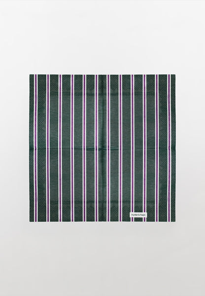Detail of one-of-a-kind green and purple striped paper napkin — thoughtful design, not boring